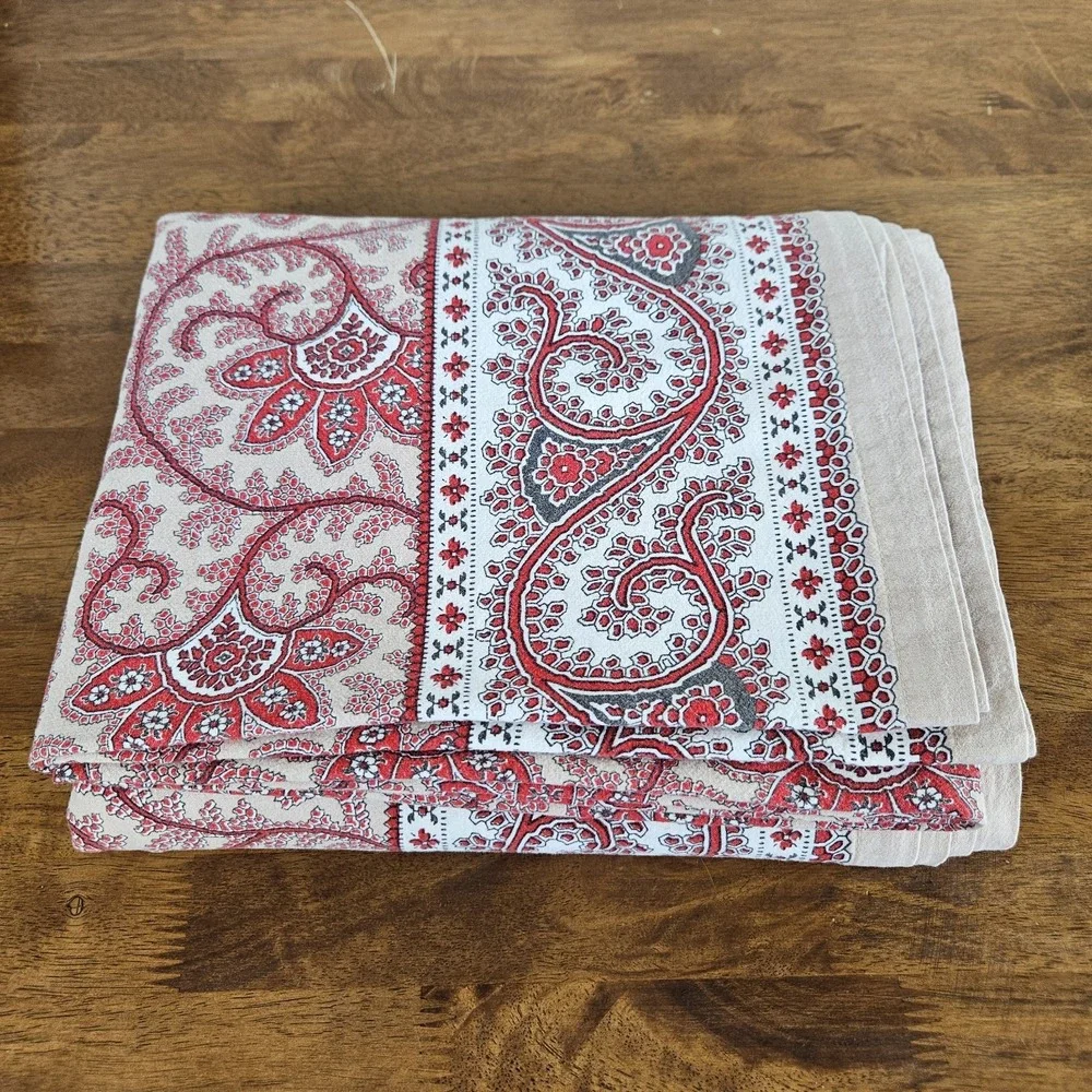 Williams Sonoma Red Floral Block Print Tablecloth Cotton Boho Christmas 70x126